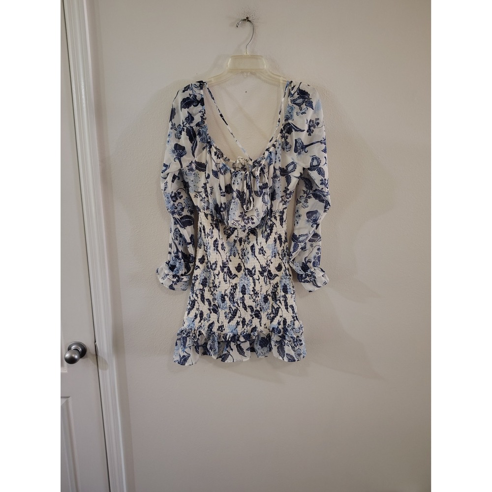 Vine and Valley Blue Floral Smocked Mini‎ Dress Long Sleeve Ruffle XL